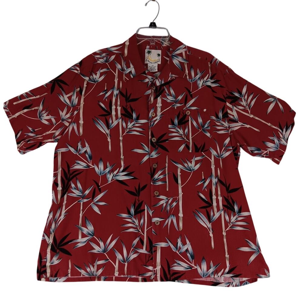 Banana Cabana Silk Hawaiian Shirt Men's XL Red Tropical Palm‎ Leaf Loop Collar